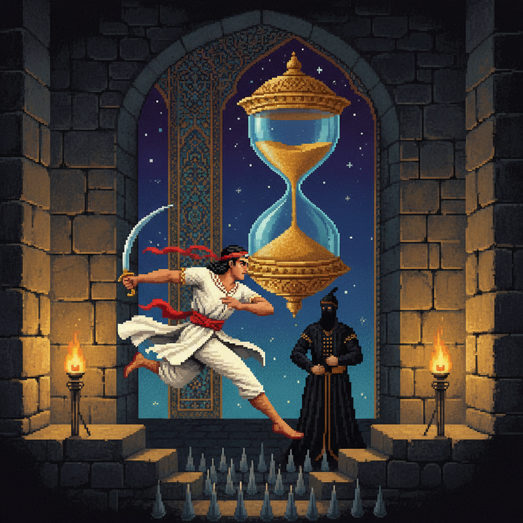 Prince leaping across dungeon spikes beneath the Astral Hourglass